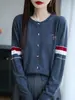 26 Cárdigan de Punto de Lana Rayado Estilo Universitario Transfronterizo para Mujer, Cuello Redondo, Abrigo Suéter de Perro Salchicha con Dibujos Animados y Pedrería Otoño/Invierno