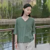 Nuevo cárdigan versátil de cuello en V para verano, holgado y estiliza, top tipo camisa de manga corta de algodón y lino, estilo vintage simple para mujer