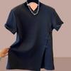 Camiseta de Manga Corta con Botones para Mujer Verano 2025 Talla Grande Asimétrica Chinoiserie Empalmada Bajo con Abertura Top