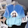 Camiseta de Verano con Degradado para Niñas, Manga Corta Infantil, Nueva Estampada Holgada Estilo Coreano Versátil Moderna para Niños Mayores