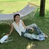 Jeans de Pierna Ancha Sueltos de Cintura Baja Adelgazantes con Patrón de Rayos Estilo Americano Nuevo Estilo Verano 2026 para Mujer