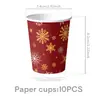 Platos de papel desechables, vasos, pancartas, manteles, decoraciones colgantes con tema navideño de copo de nieve rojo y verde, Feliz Navidad