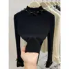 Camiseta de punto básica con cuello semi-alto y volantes para mujer, estilo lujo ligero, top para capas de primavera y otoño con suéter de lazo