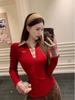 Camiseta de Manga Larga a Cuadros Rojos Coreana con Empalmes para Mujer en Primavera, Otoño e Invierno, Camisa Ajustada para Capas, Top Falso de Dos Piezas para Principios de Otoño