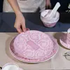 Plato de Cerámica Rosa Estilo Europeo de Alta Gama de Lujo Barroco para Postre, Plato de Doble Capa para Pasteles y Postres, Plato de Porcelana Ósea, Juego en Caja de Regalo