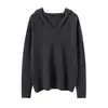 Sudadera con capucha de punto para mujer, nueva colección Otoño/Invierno 2024, cuello en V, 100% cachemira pura, color liso, jersey, corta, holgada, tejido de punto