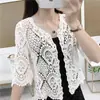 Nuevo Estilo de Verano Fresco Cárdigan Top de Encaje Hueco con Mangas Tres Cuartos, Camisa Corta de Aire Acondicionado, Camisa Exterior