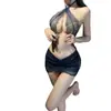 Lencería de Estilo Abstinencia para Mujeres, Sexy Ajustada de Cuello Halter Uniforme de Secretaria de Encaje, Falda Bodycon, Transparente