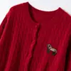 Cárdigan Rojo Bordado del Año del Caballo 100% Cachemira para Mujer, Suéter Grueso de Punto Trenzado con Cuello Redondo