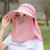 Chapéu de Sol Removível para Mulheres Verão Estilo Coreano Chapéu de Topo Vazio Aba Larga Anti-UV Chapéu de Sol para Ciclismo Chapéu com Máscara Facial