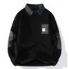 2025 Nova Outono e Inverno Masculino Tricô Falso de Duas Peças Gola Camisa Suéter Peça Única Veludo Espessado Quente Roupas Masculinas Atacado