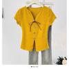 Camiseta de Manga Corta de Hombro Regular con Lazo Suave Estilo Francés Ceñida a la Cintura para Mujer, Tejido de Punto Verano Nuevo Top Versátil de Corte Slim