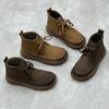 Botas femininas de inverno quentes de couro genuíno com algodão, botas artísticas feitas à mão com bico redondo, cadarço plano, forro de veludo grosso, sapatos casuais macios de couro bovino e algodão