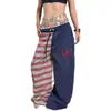 Pantalones casuales retro de retazos bicolor estilo americano a rayas para mujer, verano jazz sueltos fluidos doble estrella danza jazz pantalones curvos