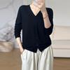 Cardigan de Tricô 100% Lã Estilo Novo Primavera 2026 para Mulheres, Suéter Solto Gola V, Manga Longa Cor Sólida Gola em Formato de Coração Casaco Fino