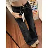 Jeans boca de sino feminino estilo retrô americano para outono e inverno, cintura alta de botão duplo, corte justo, calça de sino versátil de comprimento total