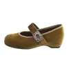 Zapatos Mary Jane retro de terciopelo con punta cuadrada para mujer, otoño 2026, nuevos, versátiles, con pedrería, velcro, planos, de corte bajo, zapatos de un solo color