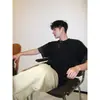 Camiseta de Verano para Hombre de Diseño Retro Americano a Cuadros con Puño en Manga Corta, Estilo Niche, Pesada, Corte Limpio, Media Manga para Pareja
