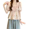 Senso de Design Cintura Apertada Emagrecimento Doce Estilo Francês plus size Manga Bufante Camisa Feminina Verão menina cheinha Floral Gola Quadrada Top Solto