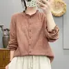 Camisa de Manga Larga de Gasa de Algodón de Doble Capa a Cuadros con Adorno de Encaje, Nueva para Primavera/Otoño 2026, Top Versátil para Mujer como Capa Base