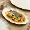 Plato de Cerámica para Pescado Hoja de Loto para Uso Doméstico, Plato Cerámico Grande para Cocinar Pescado al Vapor, Nuevo Modelo 2026, Plato Ovalado de Gama Alta