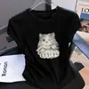 Camiseta de Algodão Puro Estampa de Gato Nicho Manga Curta Design Verão Slim Ombro Direito Chique Bonita Manga Curta Top Feminino