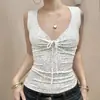 Top de tirantes Sexy Hottie Estilo Europeo y Americano Lunares Bloque de Color Fruncido de Atar Cuello Redondo Básico Versátil Ajustado