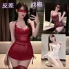 Lencería sexy en múltiples colores, malla de encaje hueca transparente con un cuello de bolsillo, uniforme de falda corta ajustado de dos piezas, disponible para dropshipping