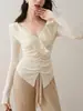 Suéter ajustado de punto con cuello en V fruncido y pliegues, nuevo para principios de otoño, elegante, dulce, que estiliza la cintura