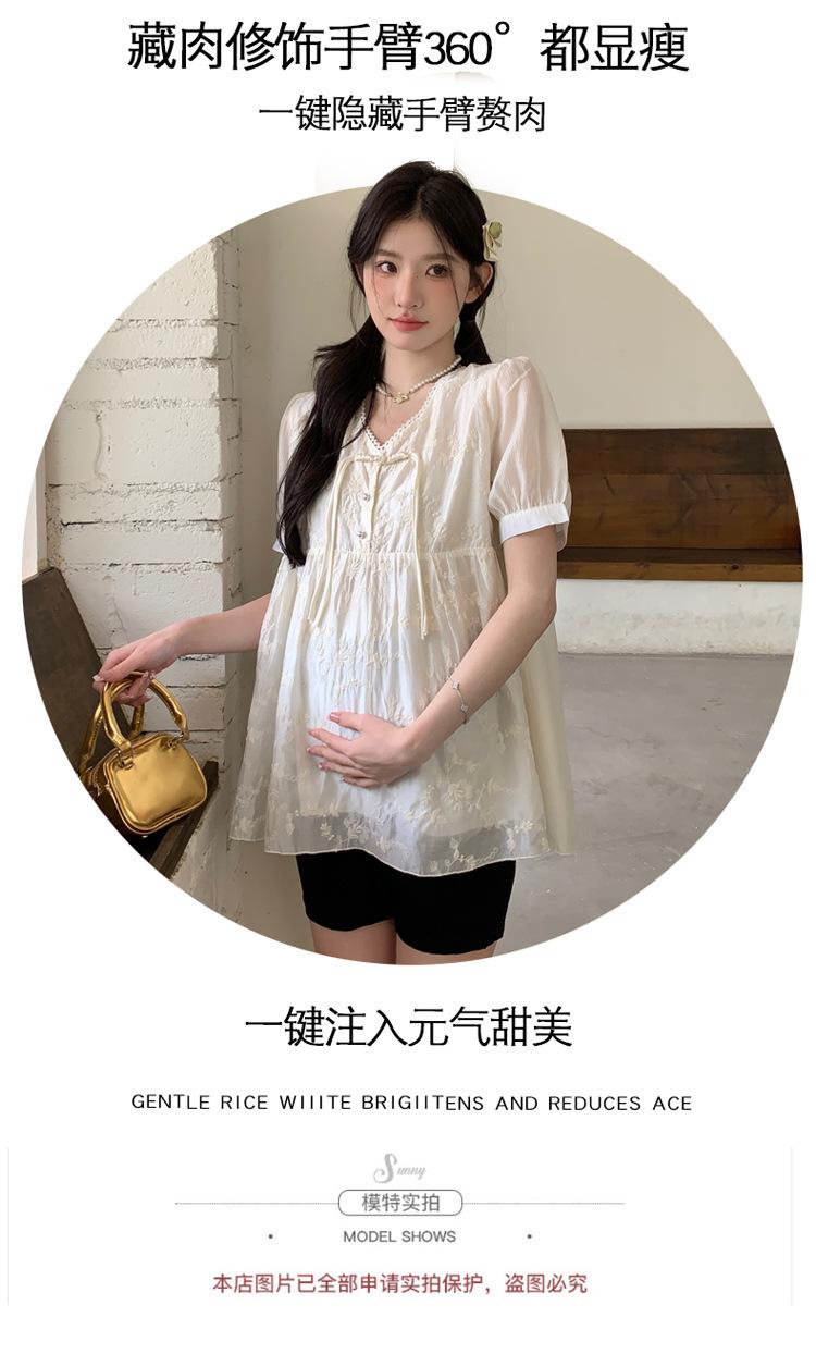 新中式孕妇套装宽松绣花雪纺衫托腹裤两件套