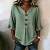 Transfronteiriço 2026 Nova Roupa Feminina Europeia e Americana Amazon Verão Feminino Gola V Algodão Linho Camisa Moda Botão Top para Mulheres