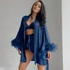 Shorts Lingerie Novo Estilo Europeu e Americano, Conjunto de Três Peças Camisola, Roupa de Dormir de Seda Sintética, Pijama de Cetim com Penas de Outono para Mulheres, Transfronteiriço