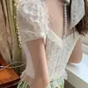 [em estoque] Camisa jacquard de manga curta com renda feminina roupas de verão 2022 nova onda manga bufante camisa básica