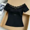 Blusa de Verão Nova Europeia e Americana AliExpress Doce e Fresca com Laço Cor Sólida Renda Patchwork Ombro a Ombro Manga Curta para Mulheres