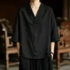 Verão 2026 Novo Estilo Chinês Roupas Masculinas Seda Gelada Casual Hanfu Estilo Japonês Tamanho Grande Tendência Camiseta Lisa para Homens