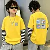 Camiseta de algodón de manga larga estampada para niños, moderna y sencilla, camiseta básica de retazos a rayas estilo coreano, top de imitación de dos piezas, estilo ins