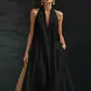 Vestido Casual de Verão 2026 Novo para Mulheres, Sem Mangas, Respirável, Cor Sólida, Decote V, Estilo Europeu e Americano