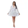 En Stock 2023 Primavera Europea y Americana Nueva Moda Femenina Estilo de Comercio Exterior Vestido Corto Estampado Dulce y Elegante con Cuello en V y Encaje