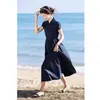 Vestido Casual de Verão 2026 Novo com Gola Polo, Patchwork, Ajuste na Cintura, Manga Curta Relaxada para Mulheres