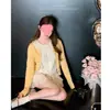 Cárdigan de Punto Azul Marino con Color de Contraste y Cuello de Muñeca para Mujer Primavera, Otoño e Invierno Ropa Interior Nuevo Diseño de Pétalos Manga Larga 2025