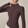 Jaqueta de Yoga de Veludo Espesso Estilo Primavera Feminina Cardigã com Zíper Gola Alta Emagrecedor Elástico Manga Longa Top Quente
