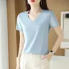 Suéter Feminino Manga Curta Gola V Clássico Simples Cor Sólida Camisa Básica Elegante 2026 Primavera e Verão Novo Estilo Camiseta de Algodão Mercerizado