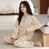 Pijama de Algodón Puro para Mujer, Manga Larga y Pantalón Largo, Cárdigan con Solapa Otoño e Invierno, Ropa de Casa Dulce y Linda, Se Puede Usar Afuera, Conjunto para Mujer