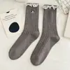 Calcetines de Mujer Otoño/Invierno 2026 con Bordado de Perro de Dibujos Animados, Borde Fruncido, Calcetines de Algodón hasta la Mitad de la Pantorrilla, Estilo Lolita