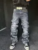 Jeans Masculino Retro Americano com Estampa de Letras Marca Tendência Desgastado Lavado Solto Perna Reta Street Hip Hop Baggy Calça Longa