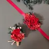 Ramillete de Rosa Roja China Decoración para Boda de Novio y Novia Hortensia Flores Secas con Accesorios Festivos para Ceremonia de Boda