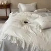Juego de ropa de cama de cuatro piezas estilo coreano, 100% algodón, doble capa de gasa, con bordado floral pequeño y ribete de volantes francés, incluye funda de edredón y sábana de cama 100% algodón