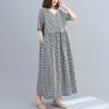 Vestido Feminino Plus Size de Algodão e Linho com Renda, Decote V, Manga Curta, Cadarço, Comprimento Médio, Xadrez, Que Cobre o Corpo e Emagrece, Novo Estilo Verão 2025