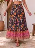 Falda larga estampada de rayón de cintura alta con abertura, falda para vacaciones en la playa, falda acampanada estilo bohemio para mujer