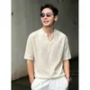Camiseta retro de color liso con cuello en V y manga corta para hombre, marca de moda transfronteriza, estilo "old money", fina, transpirable, manga corta, verano 2026